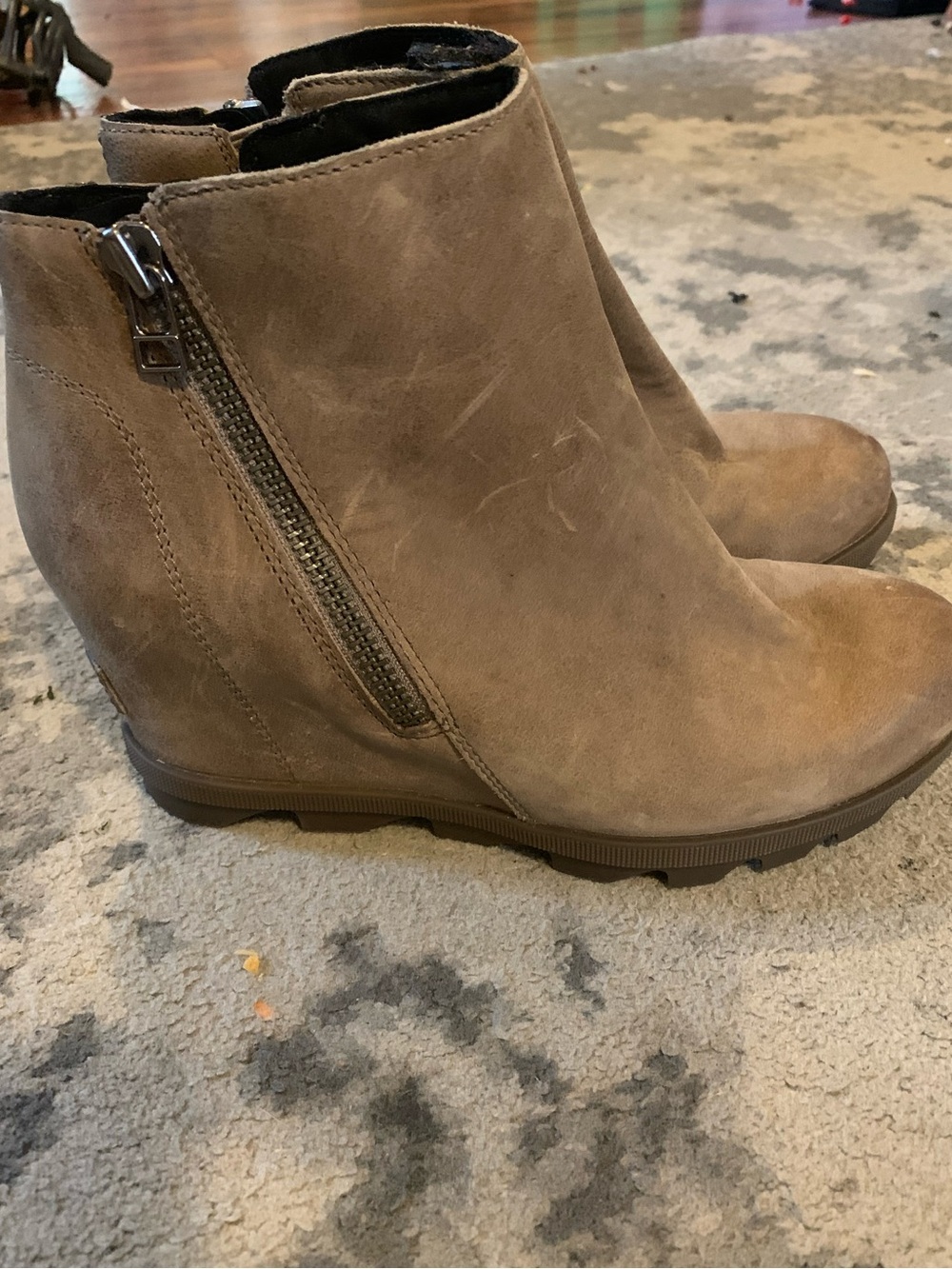 Sorel Taupe Suede Wedge Ankle Booties with Side Zip